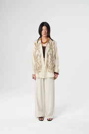 Oversize Nakışlı Keten Gömlek-RS34196