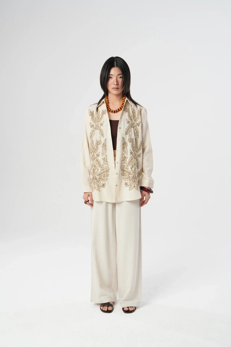 Oversize Nakışlı Keten Gömlek-RS34196