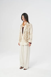 Oversize Nakışlı Keten Gömlek-RS34196