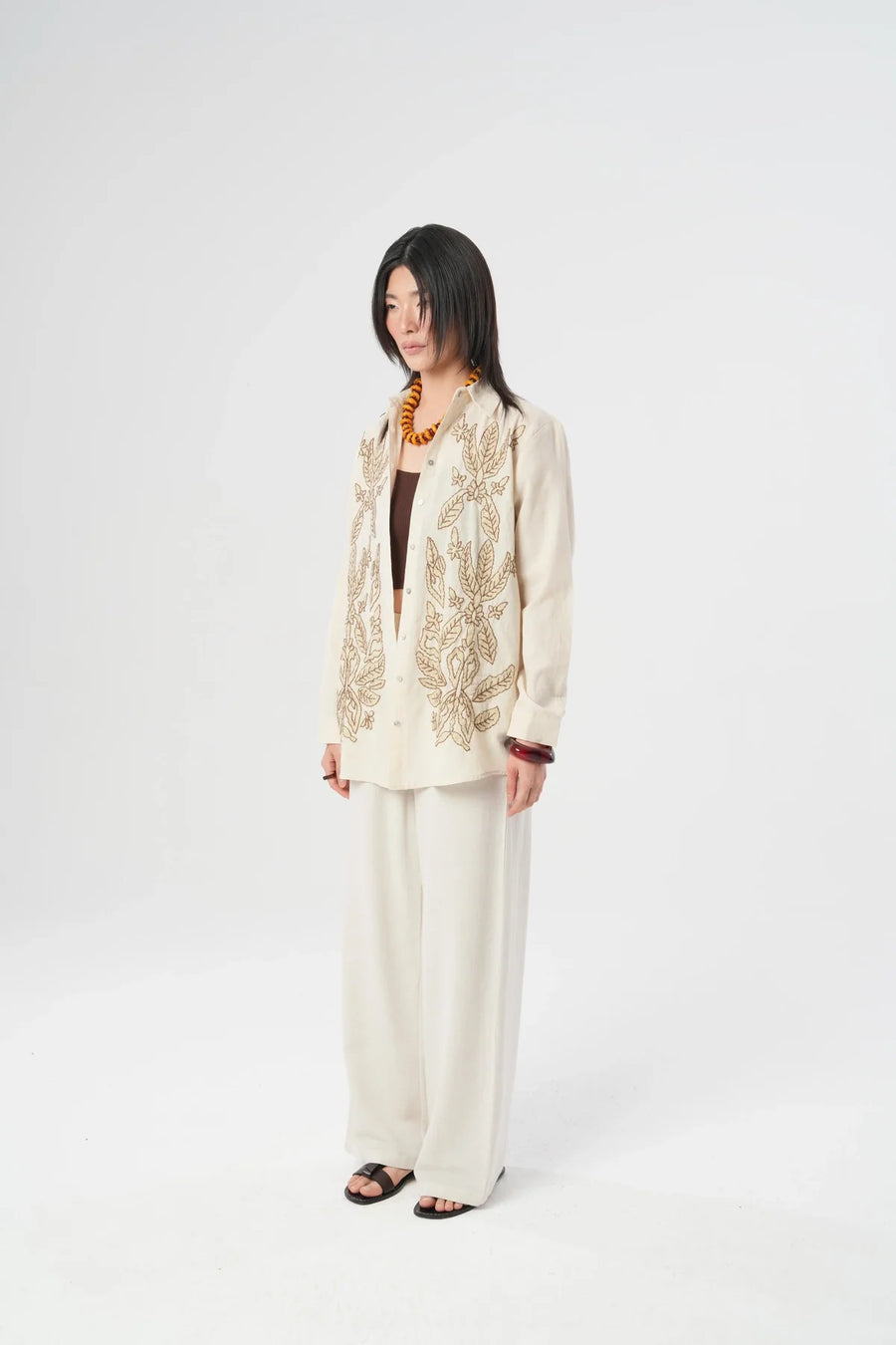 Oversize Nakışlı Keten Gömlek-RS34196