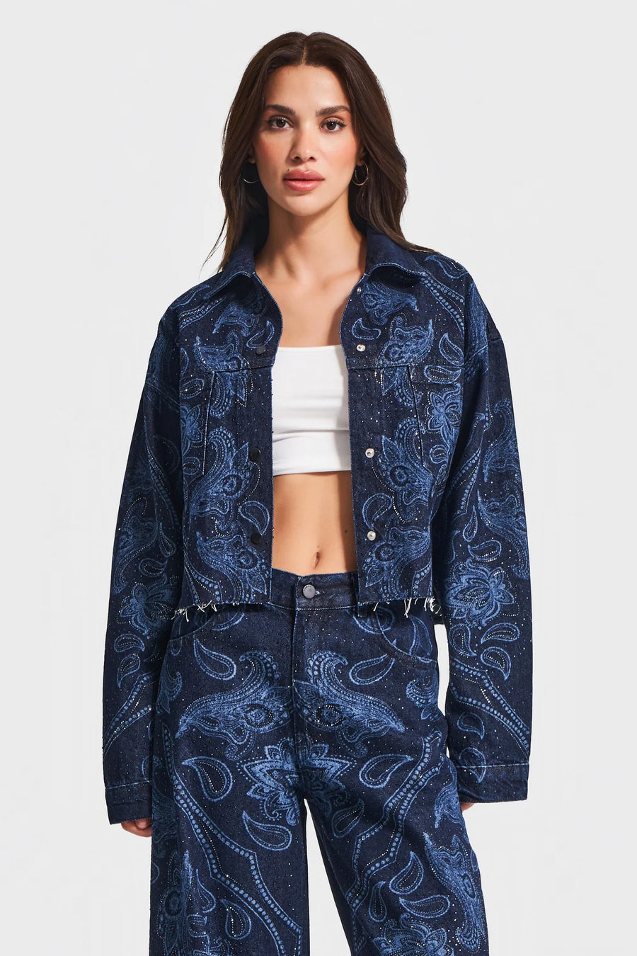 Düğmeli Parlak Taş Desenli Özel Tasarım Denim Ceket