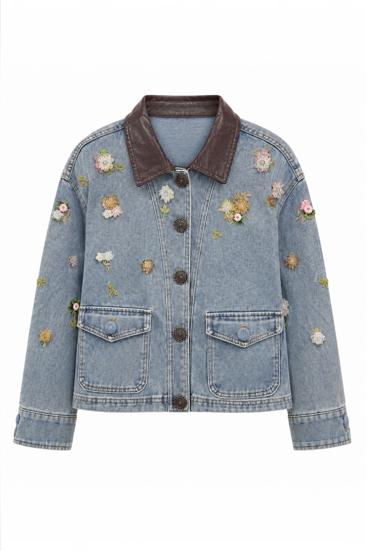 Çiçek İşleme Deri Detaylı Denim Ceket