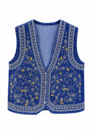 Çiçek Nakışlı Denim Yelek-RS0283