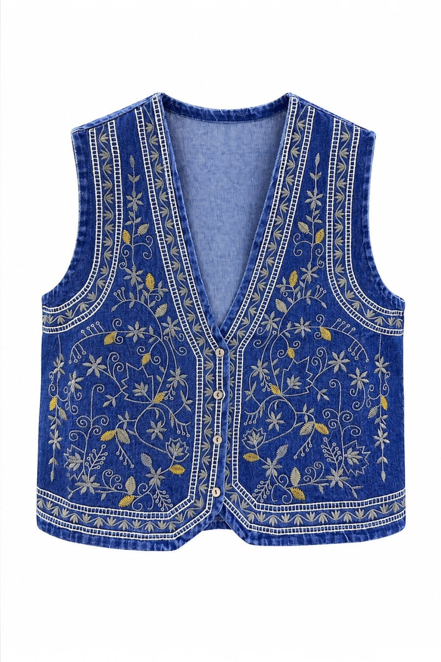 Çiçek Nakışlı Denim Yelek-RS0283