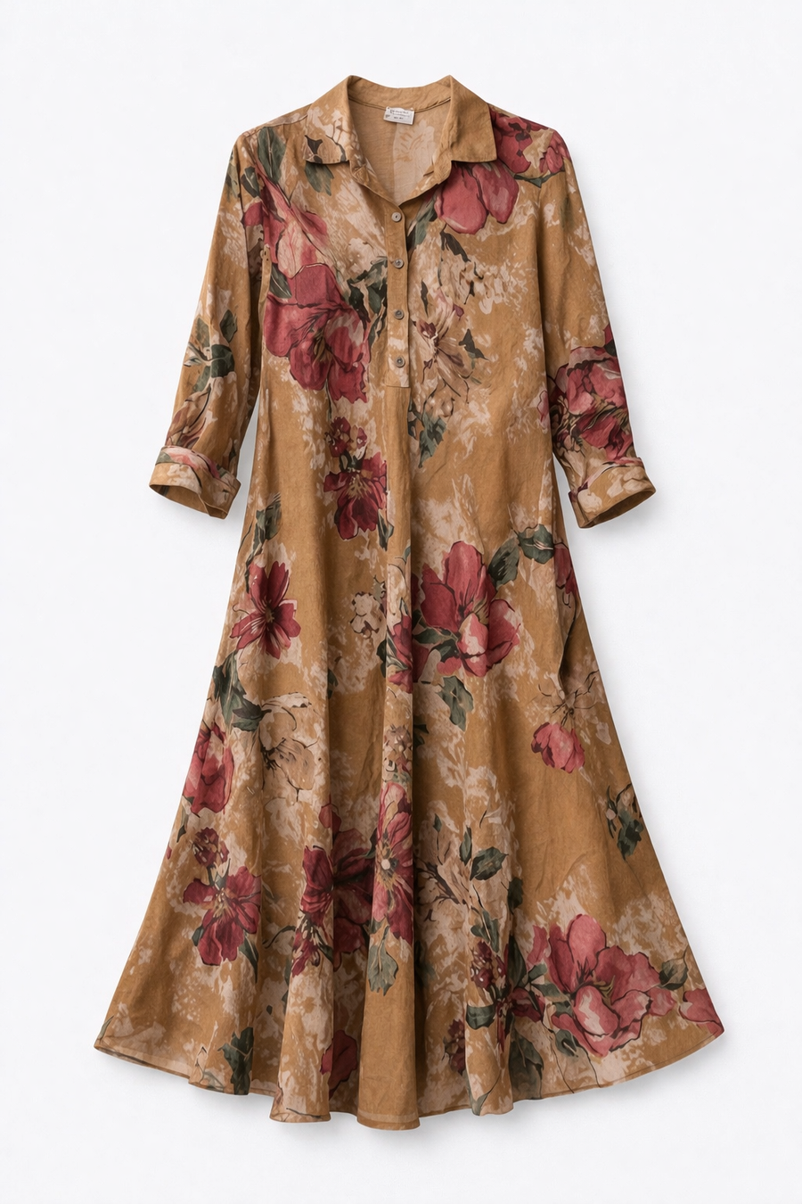 Flora Linen Camel Uzun Elbise