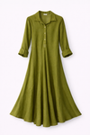 Basic Asimetrik Kesim Keten Elbise- Yağ Yeşili FLR-0099
