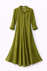 Basic Asimetrik Kesim Keten Elbise- Yağ Yeşili FLR-0099