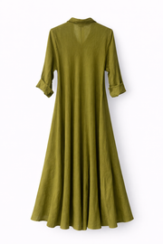 Basic Asimetrik Kesim Keten Elbise- Yağ Yeşili FLR-0099