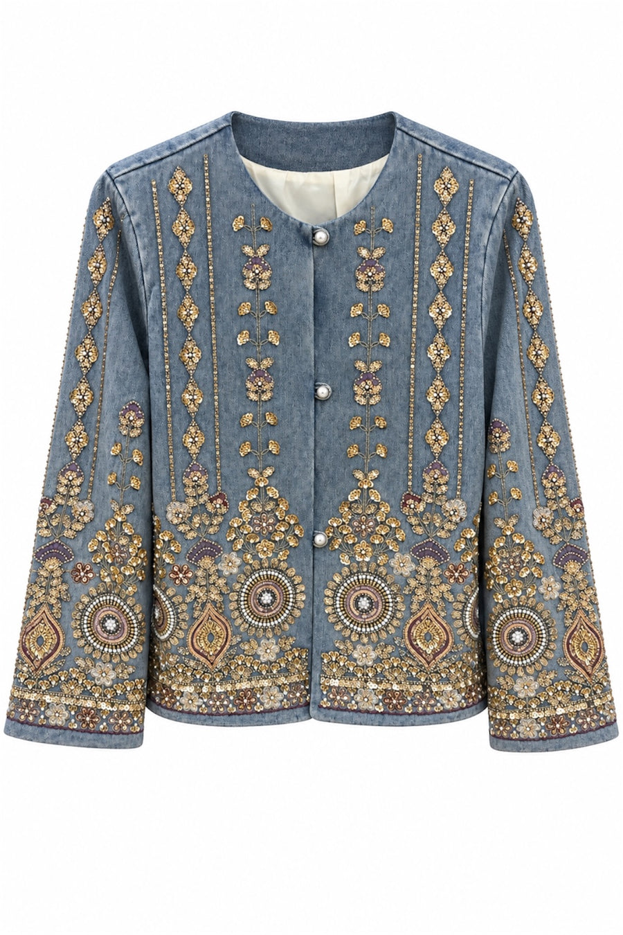 Etnik İşlemeli Taş Detaylı Denim Ceket