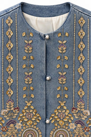 Etnik İşlemeli Taş Detaylı Denim Ceket
