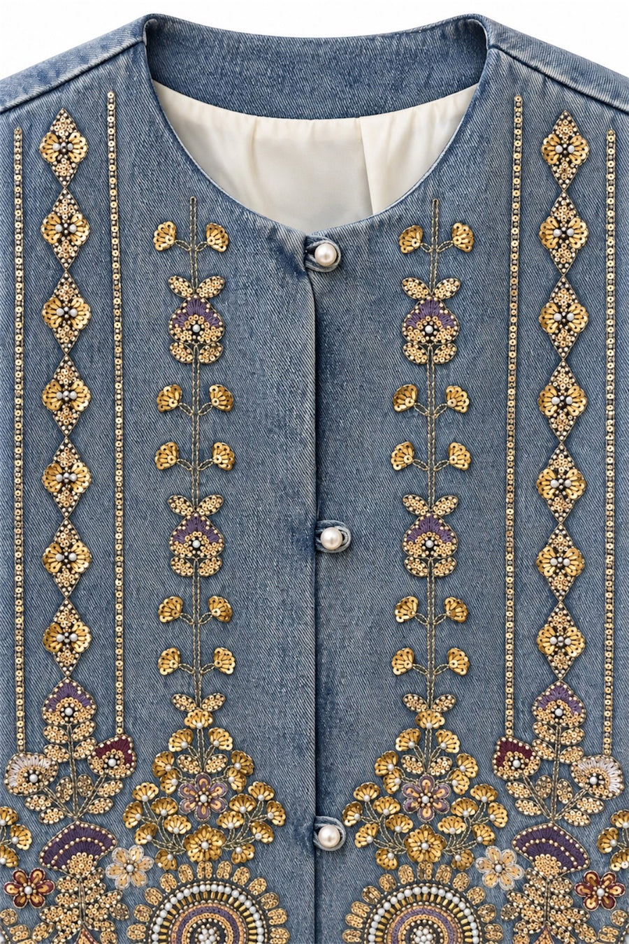 Etnik İşlemeli Taş Detaylı Denim Ceket