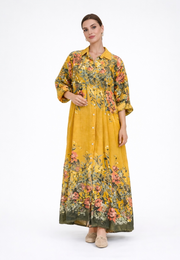 Renkli Çiçek Desenli Keten Gömlek Sarı