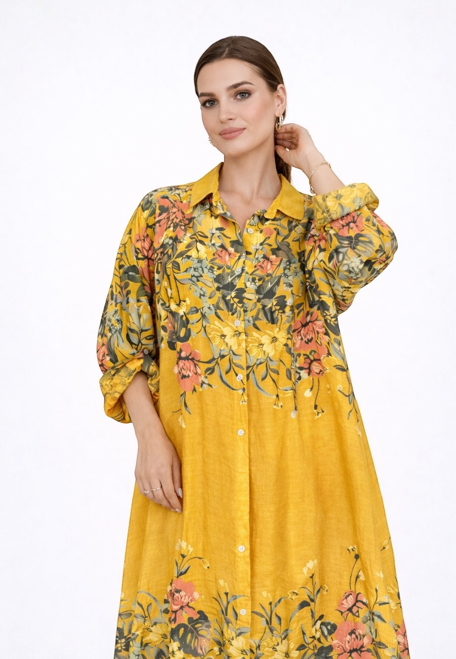 Renkli Çiçek Desenli Keten Gömlek Sarı