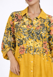 Renkli Çiçek Desenli Keten Gömlek Sarı