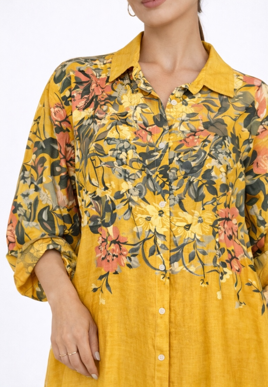 Renkli Çiçek Desenli Keten Gömlek Sarı