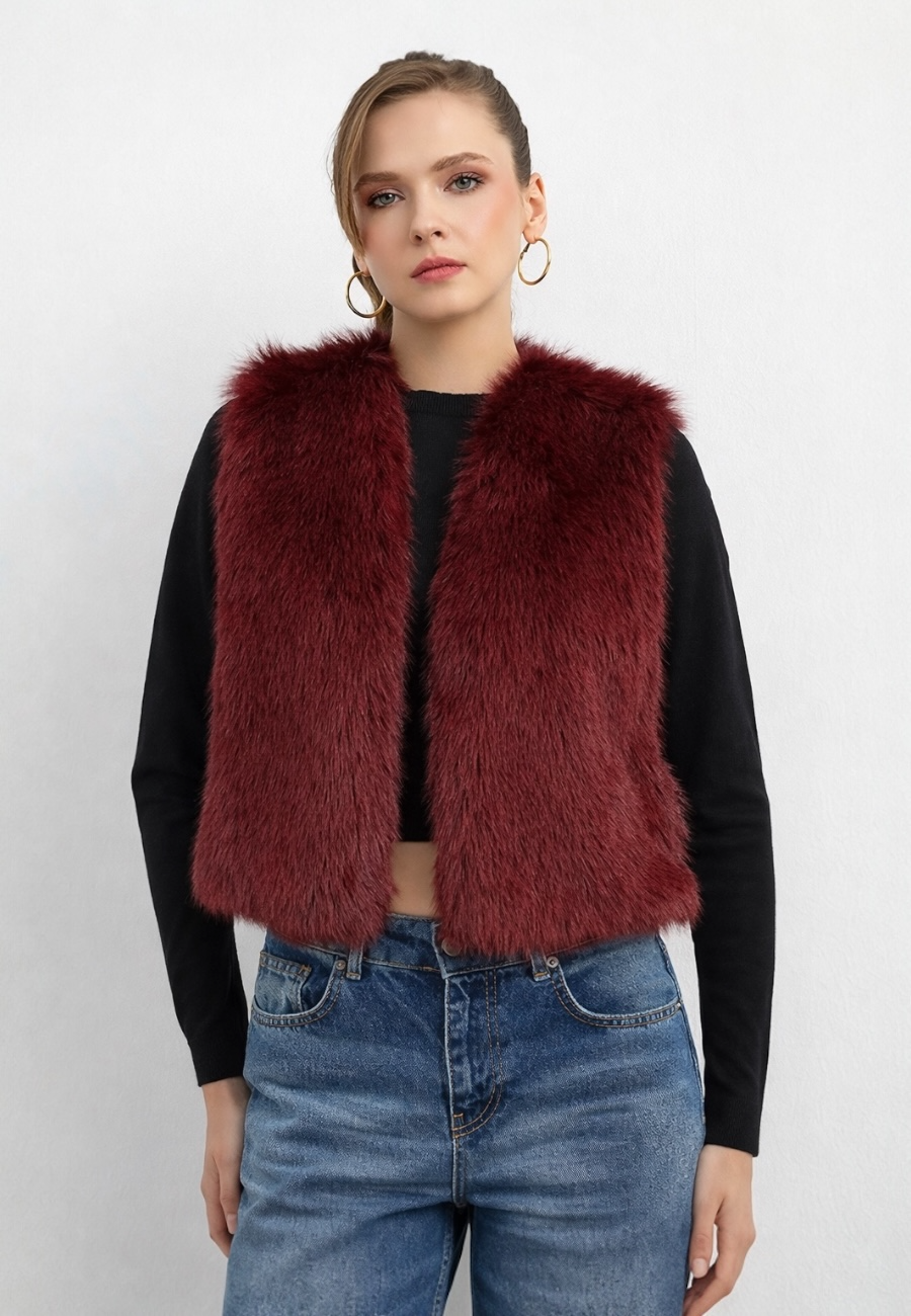 Düz Desen Kısa Kürk Yelek-Bordo