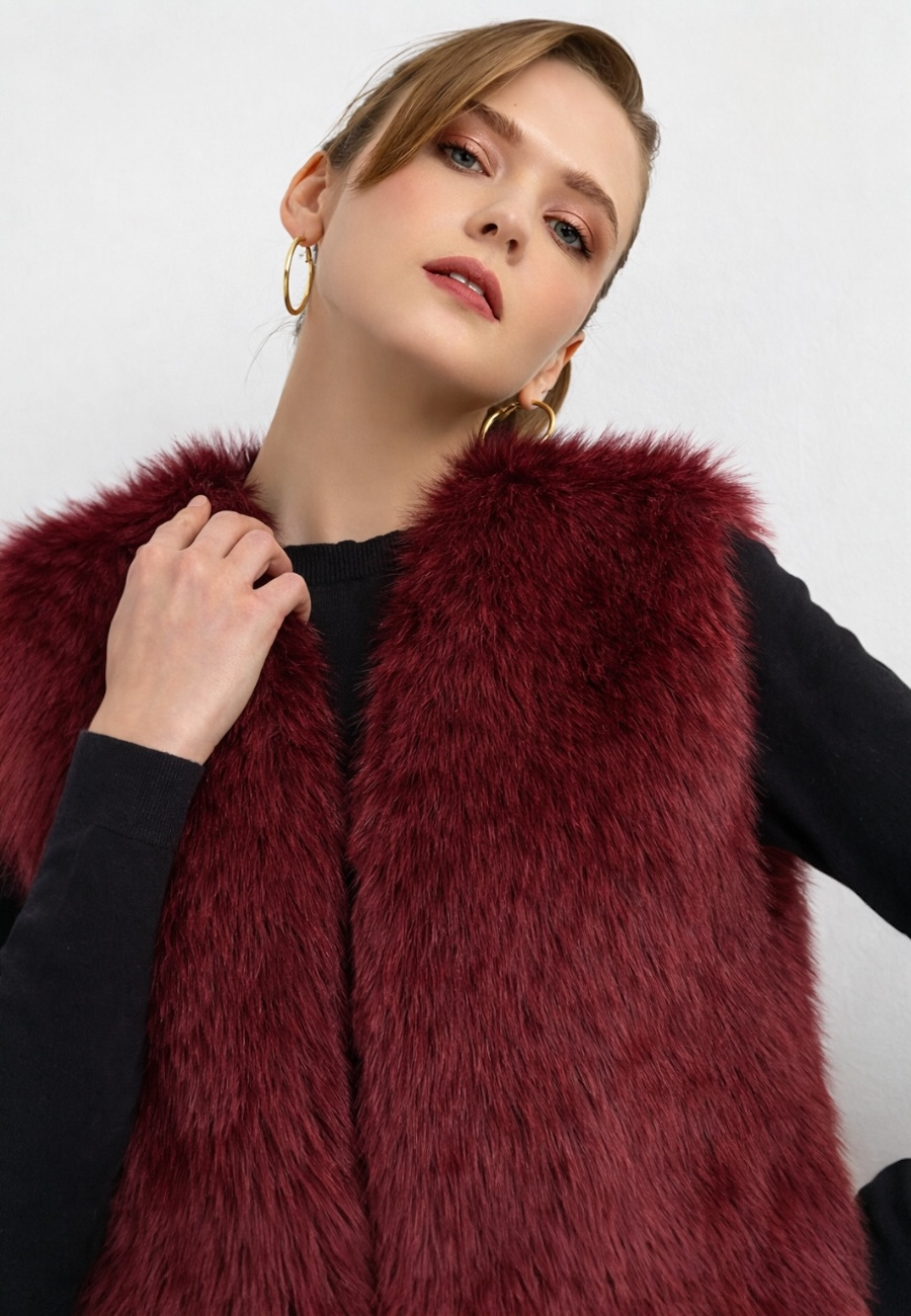 Düz Desen Kısa Kürk Yelek-Bordo