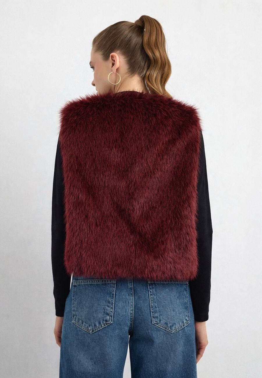 Düz Desen Kısa Kürk Yelek-Bordo