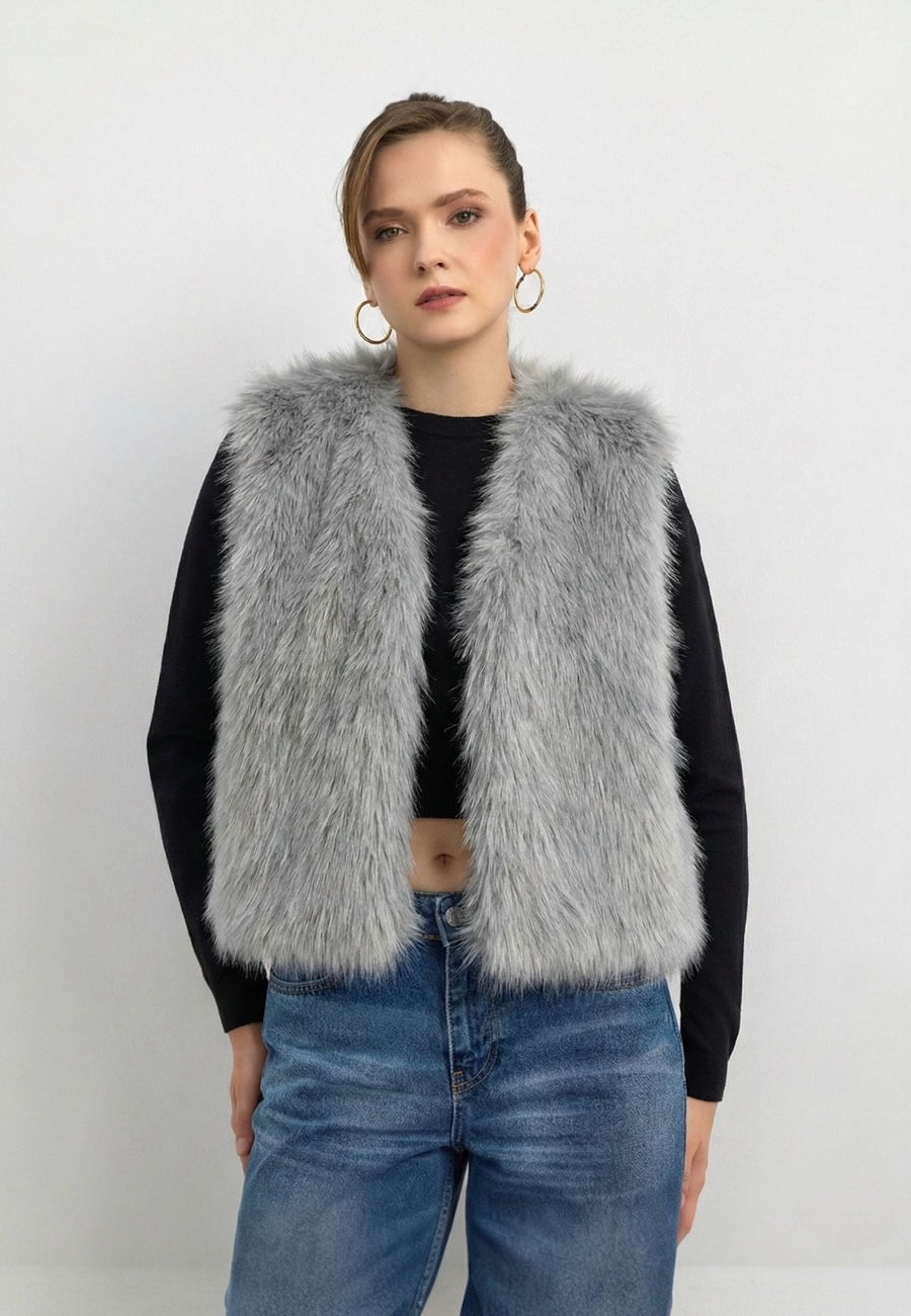 Düz Desen Kısa Kürk Yelek-Gri