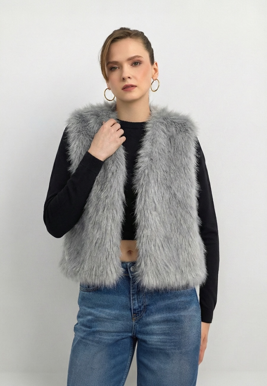 Düz Desen Kısa Kürk Yelek-Gri