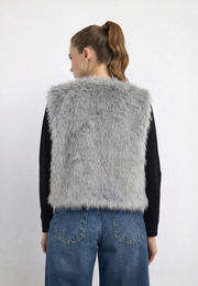 Düz Desen Kısa Kürk Yelek-Gri