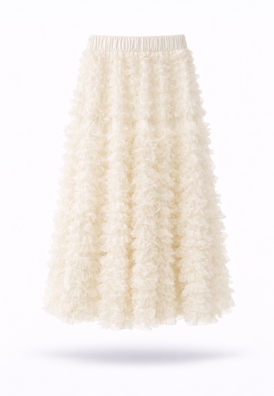 Lastikli Bel Ivory Tül Etek-Beyaz