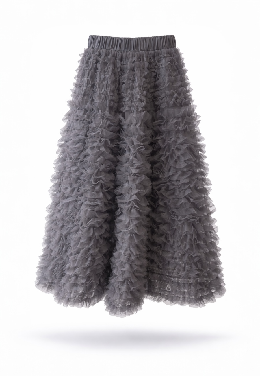 Lastikli Bel Ivory Tül Etek-Antrasit