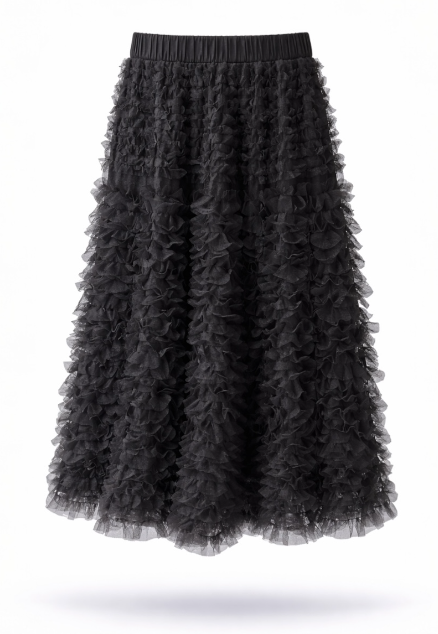 Lastikli Bel Ivory Tül Etek-Siyah