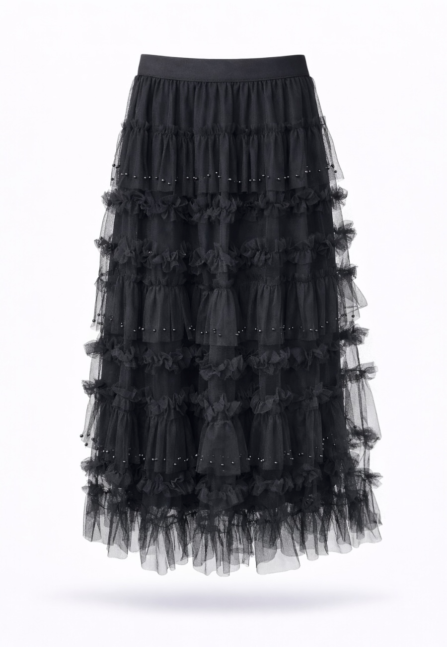 İnci Detaylı Siyah Tül Etek