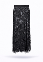 Siyah Payet Saçaklı Midi Etek