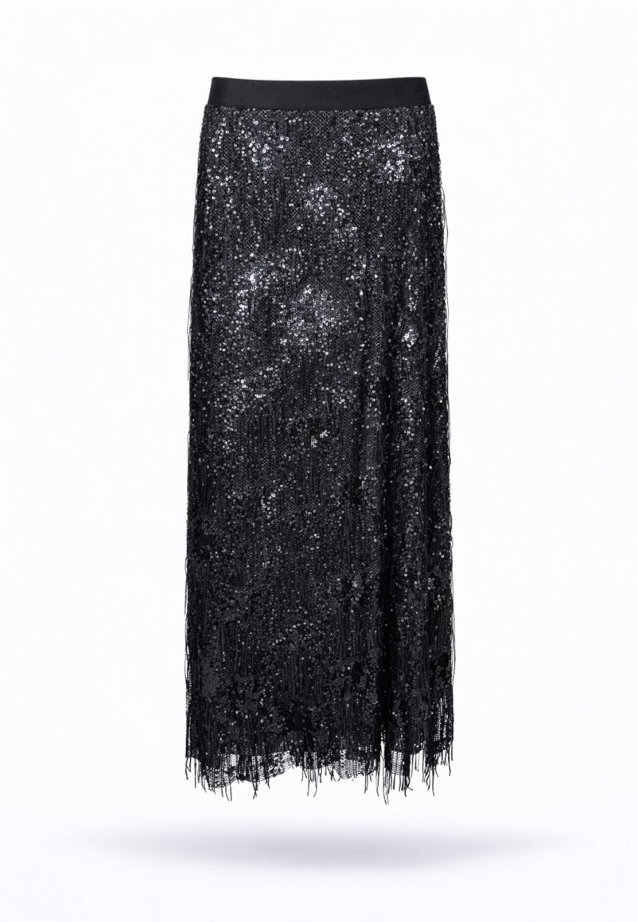 Siyah Payet Saçaklı Midi Etek