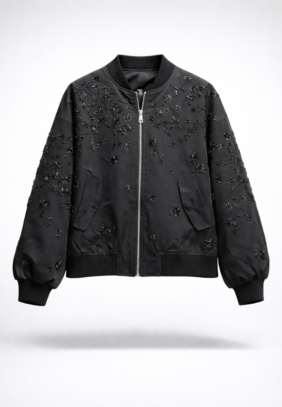 Noir Bloom İşlemeli Bomber Ceket