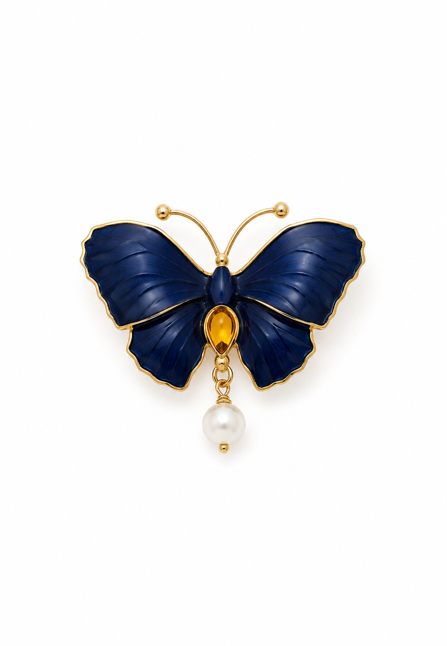Royal Blue İnci Kelebek Broş
