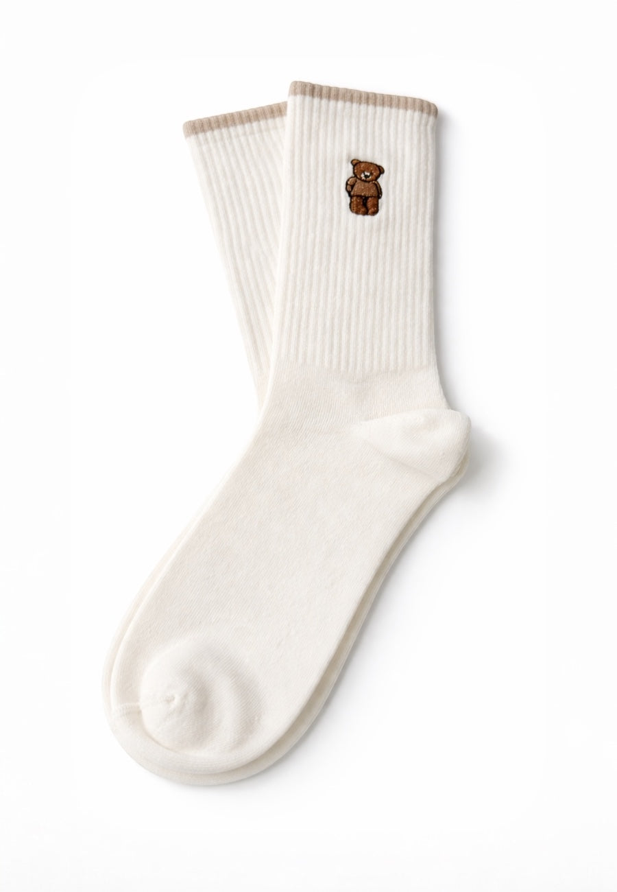 Teddy Nakışlı Pamuk Çorap-Beyaz