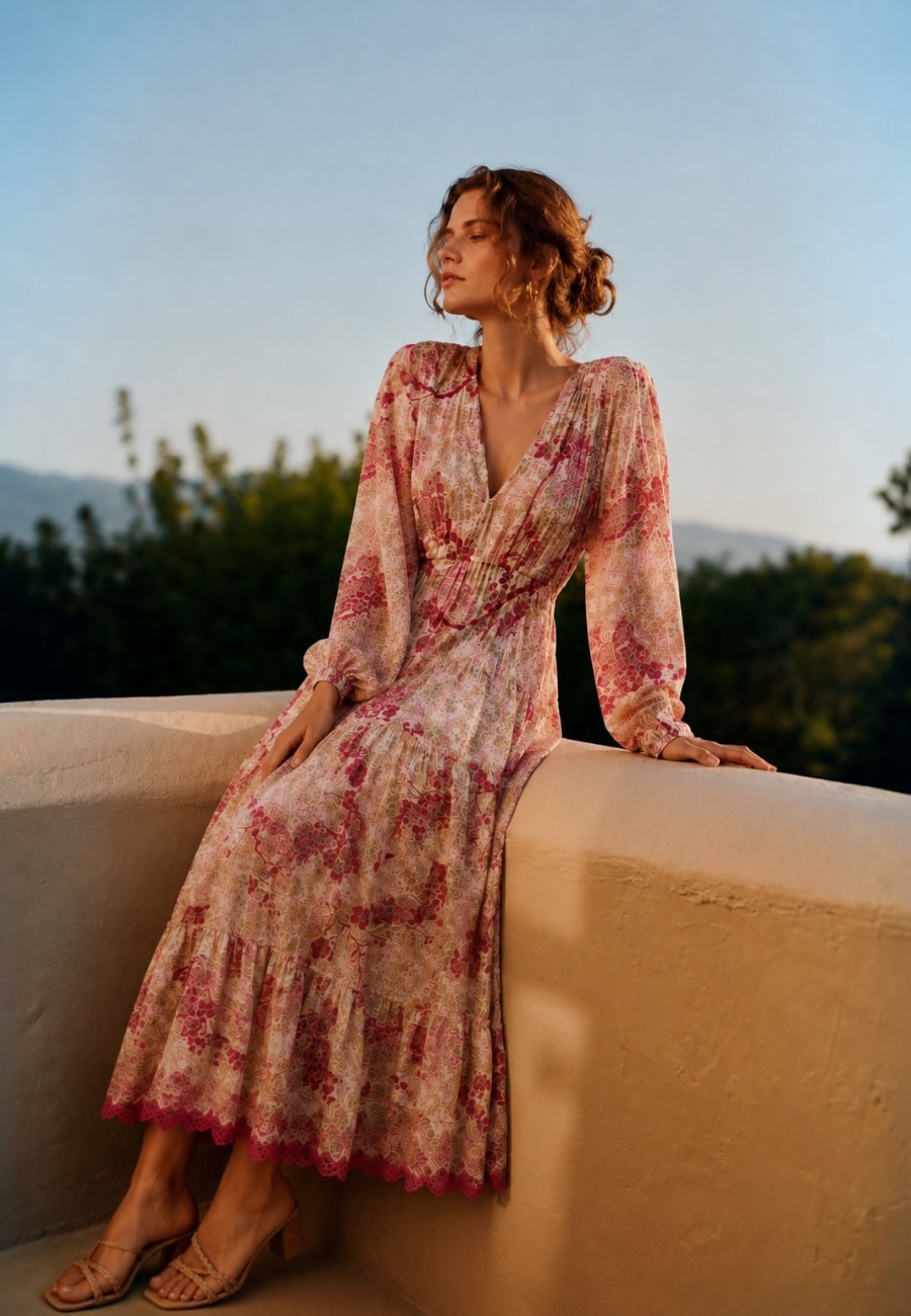 Varaklı V Yaka Ithal Elbise Pembe/IBN4012