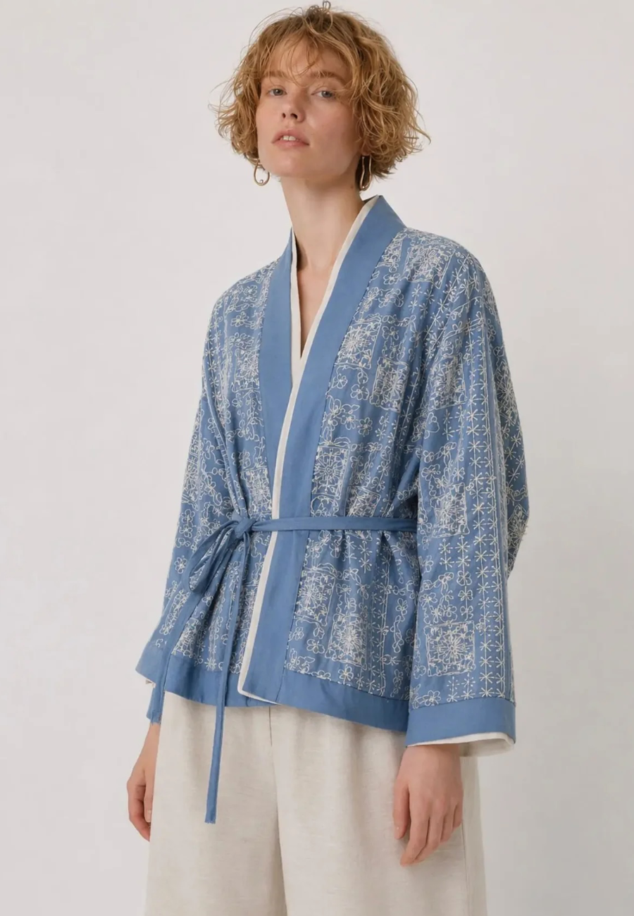 Etnik Nakışlı Kuşaklı Kısa Kimono-RS34920