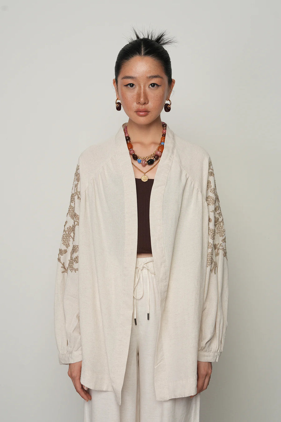 Sırt ve Kol İşlemeli Bohem Tarz Natur Oversize Kimono-RS34010