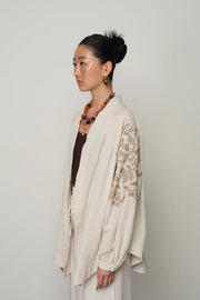 Sırt ve Kol İşlemeli Bohem Tarz Natur Oversize Kimono-RS34010
