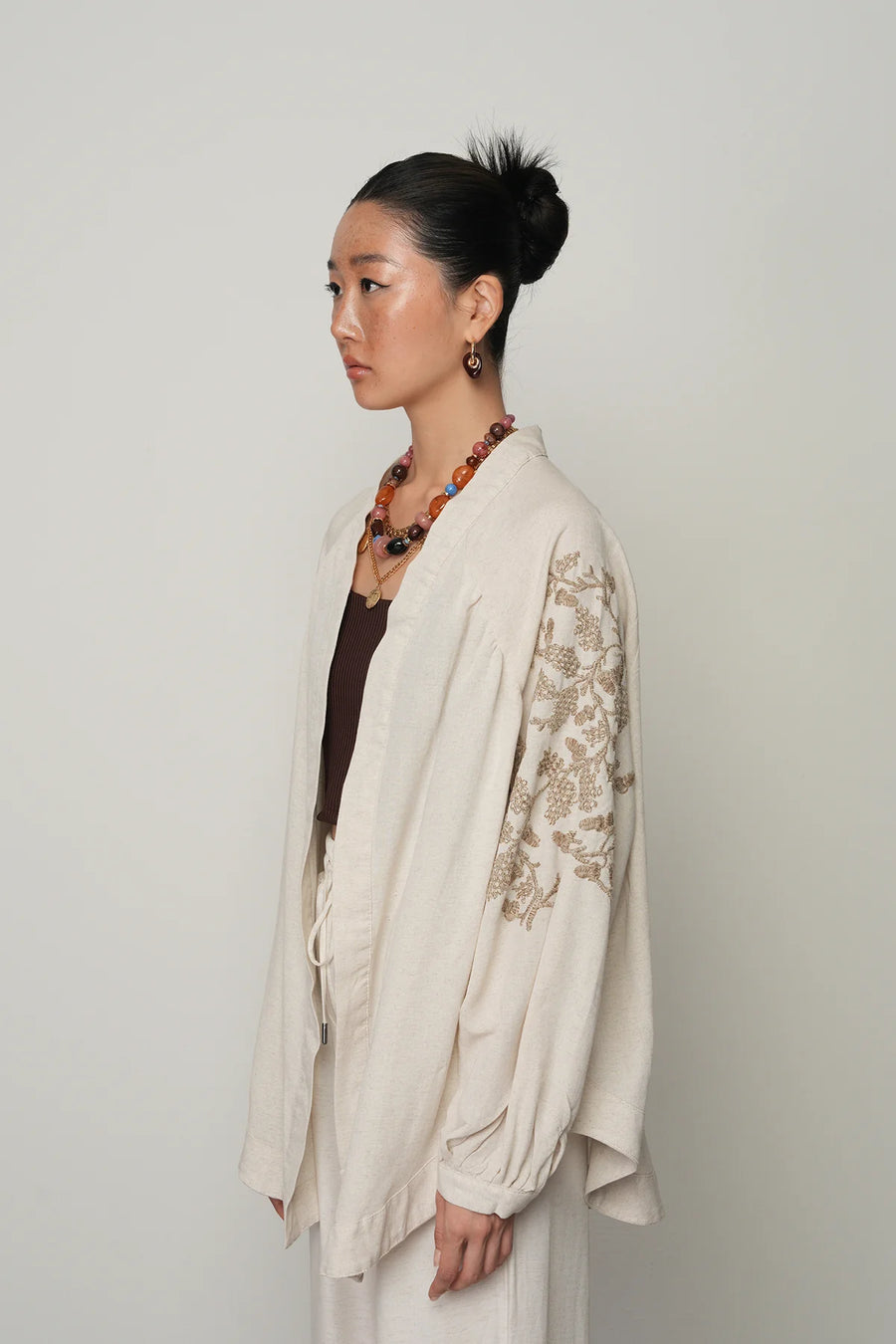 Sırt ve Kol İşlemeli Bohem Tarz Natur Oversize Kimono-RS34010