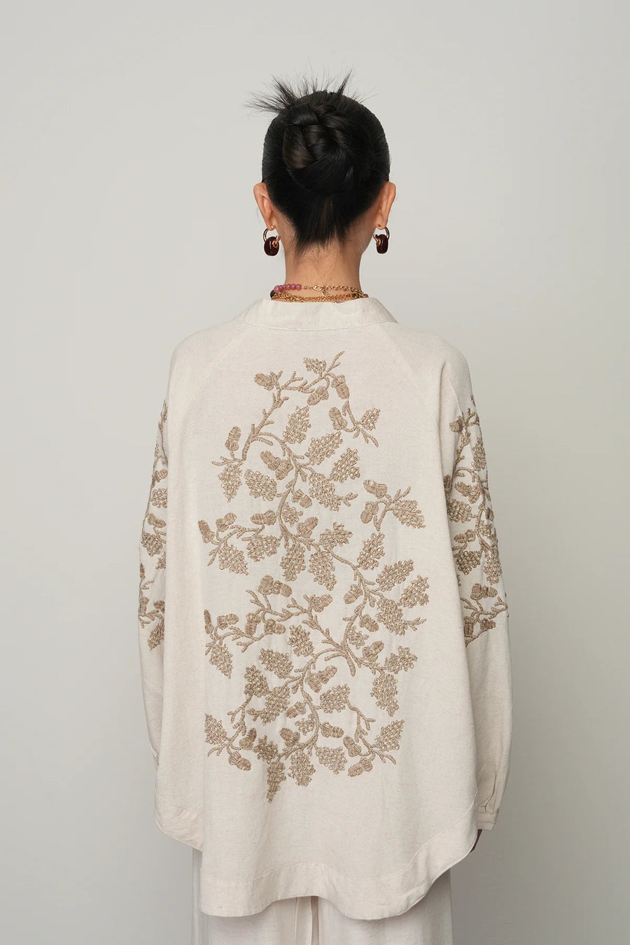Sırt ve Kol İşlemeli Bohem Tarz Natur Oversize Kimono-RS34010