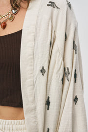 Etnik Modern Boncuk İşlemeli Natur Oversize Kimono-RS34595