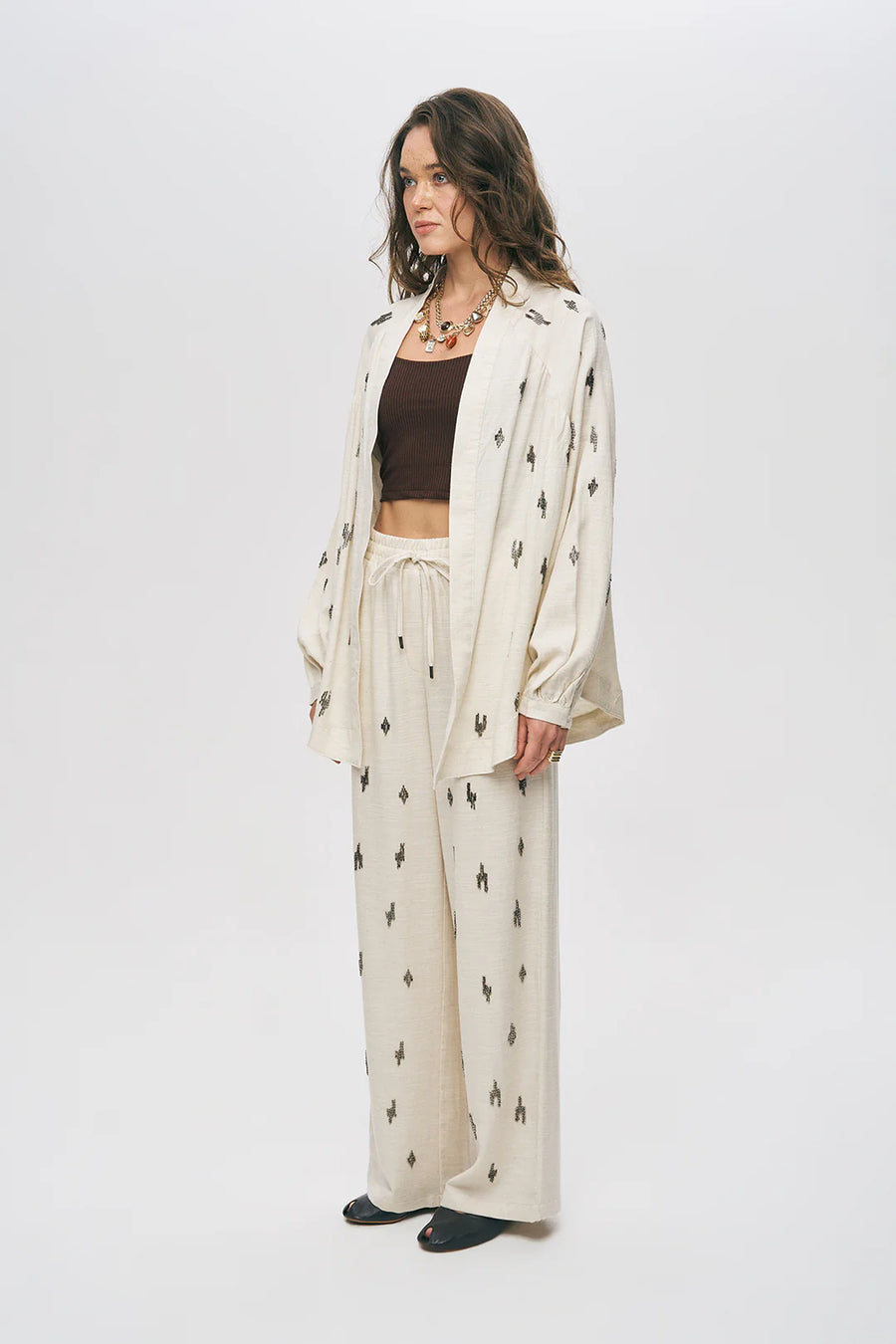 Etnik Modern Boncuk İşlemeli Natur Oversize Kimono-RS34595