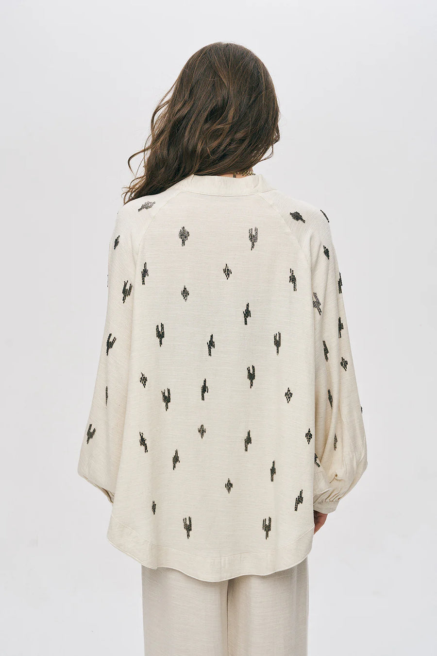 Etnik Modern Boncuk İşlemeli Natur Oversize Kimono-RS34595