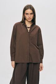 Tek Cepli Minimalist Düz Renk Gömlek Kahve-RS34794