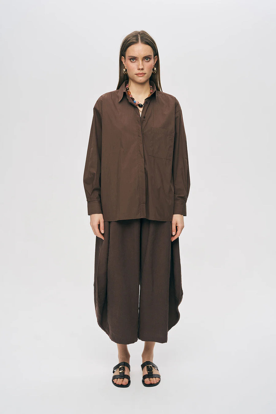 Tek Cepli Minimalist Düz Renk Gömlek Kahve-RS34794