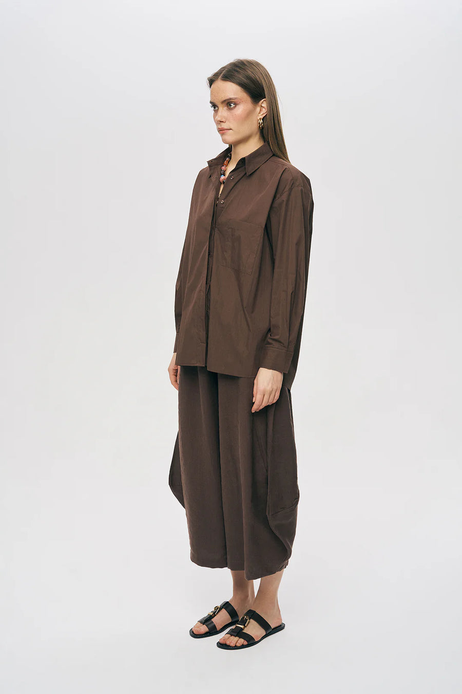 Tek Cepli Minimalist Düz Renk Gömlek Kahve-RS34794