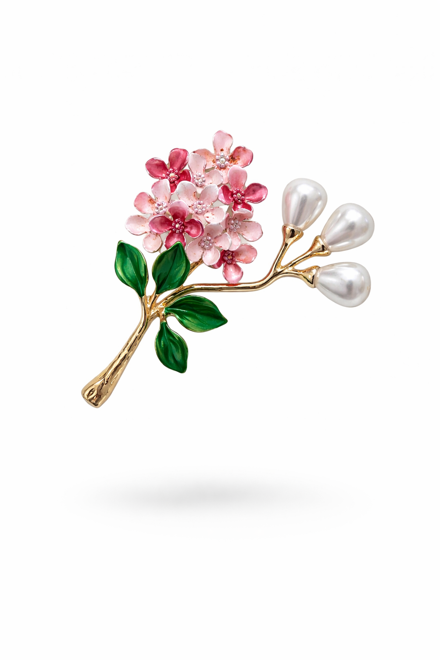 İnci Tomurcuklu Pembe Çiçek Broş