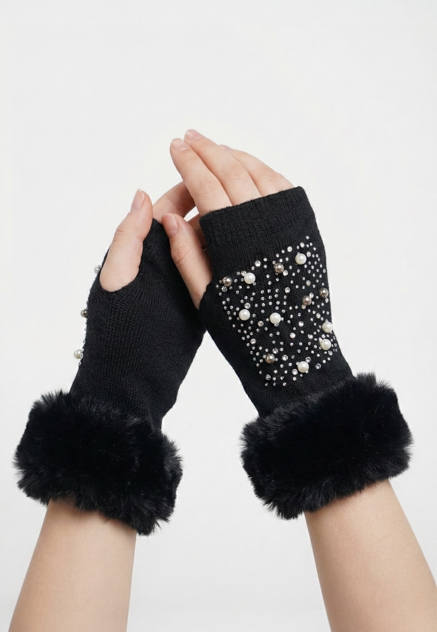 İnci & Taş İşlemeli Kürk Detaylı Parmaksız Eldiven