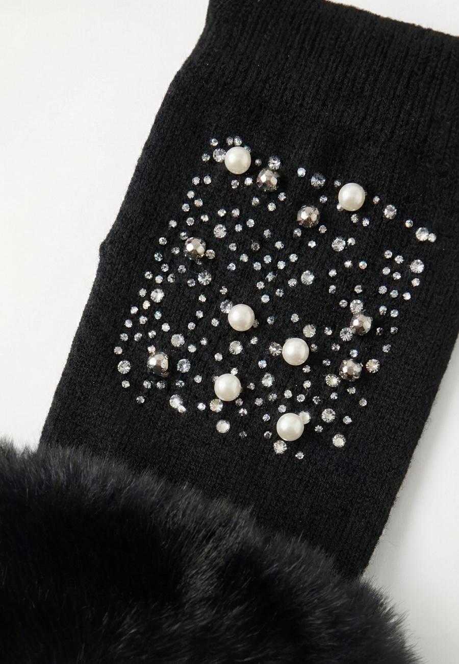 İnci & Taş İşlemeli Kürk Detaylı Parmaksız Eldiven