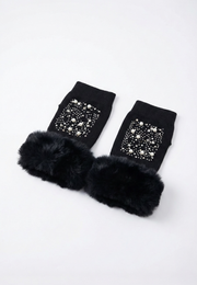 İnci & Taş İşlemeli Kürk Detaylı Parmaksız Eldiven